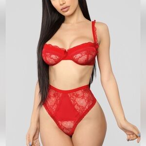 Fashion Nova Red Lace Bra & Panty Lingerie Set Small